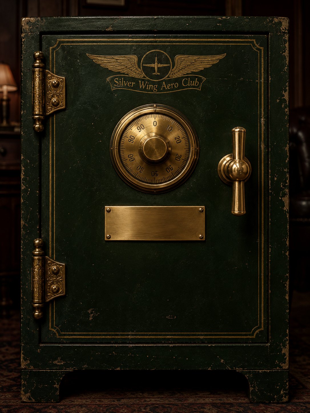 A green 1940s office safe with a brass combination dial, a brass handle, and a blank brass plate.